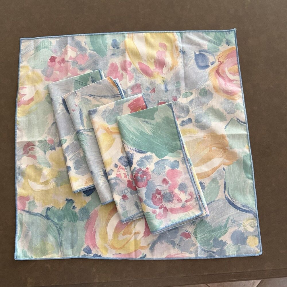 Vtg Cloth 80’s Cloth Napkins Pastel Flowers Set Of Five (5) 17x17"